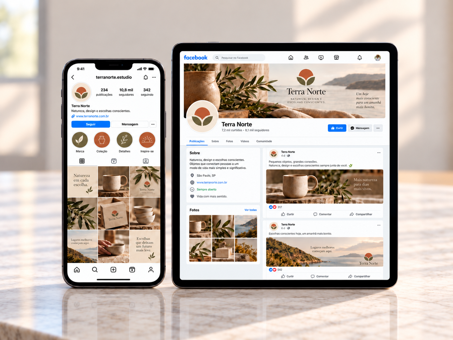 Exemplo de organização visual de perfil, feed e destaques